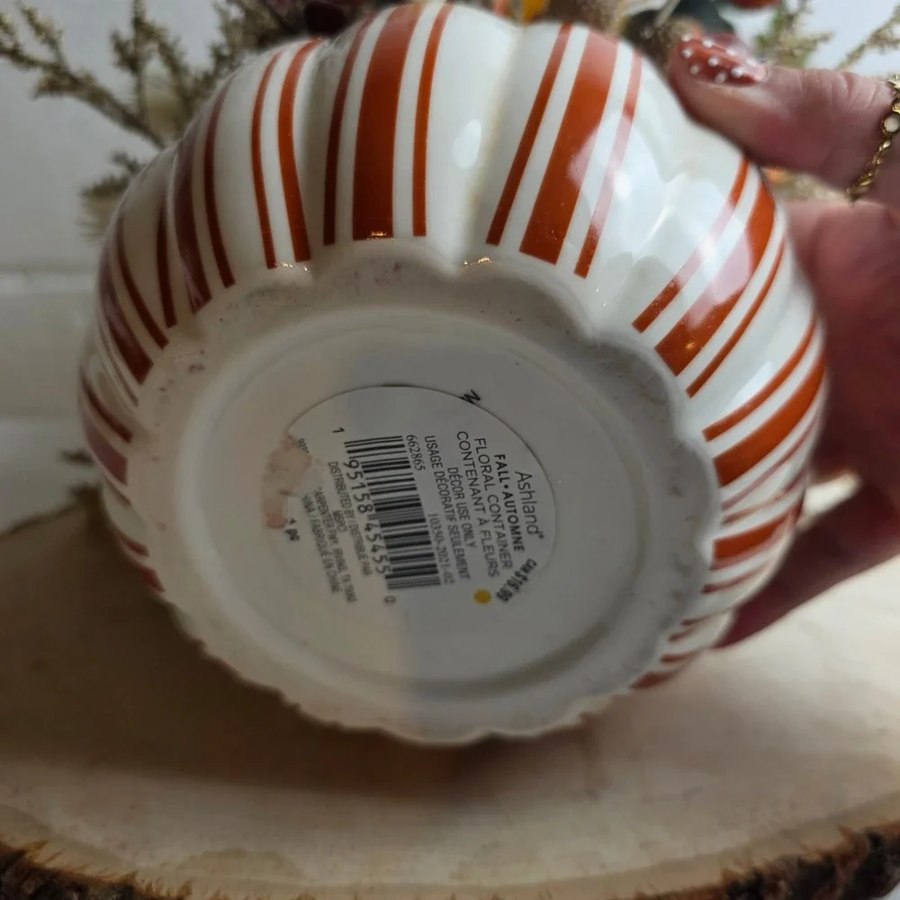 Fall Harvest Artificial Floral Arrangement in Striped Ceramic Pumpkin Pot